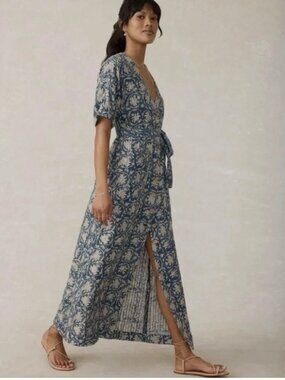 Faherty Dune Cotton Gauze Camile Floral Maxi Dress Blue Large NWT
